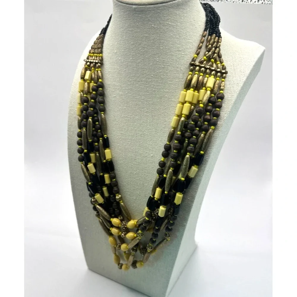 Vintage Boho Multi-Strand Necklace Yellow Black Natural Wood Seed‎ Beads Earthy